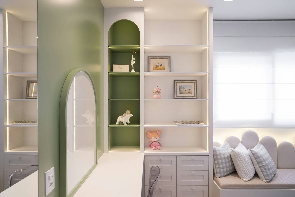 Modern white space saver storage cabinet mounted above a desk with labeled bins, wall-mounted shelves, and integrated USB ports